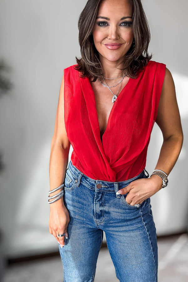 RED PLEATED SURPLICE FRONT BODYSUIT
