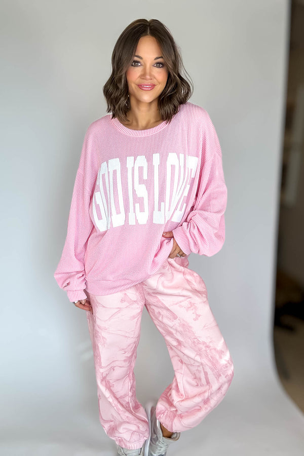 Bucketlist Pink 'God Is Love' Ribbed Oversized Lightweight Graphic Sweatshirt