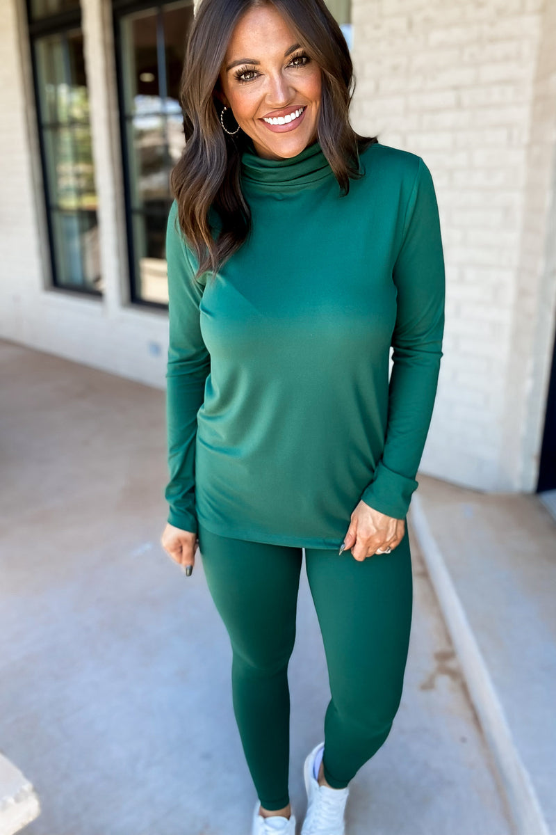 Chill In The Air Dark Green Mock Neck Top And Leggings Set