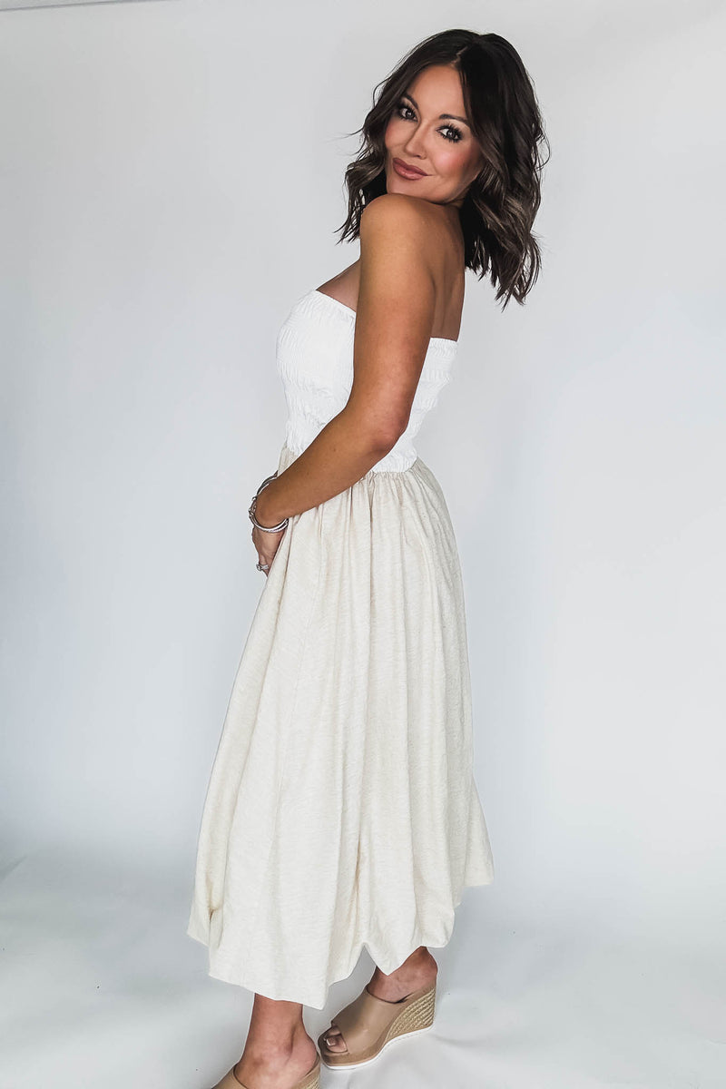 Off White Linen Strapless Smocked Bodice Balloon Skirt Midi Tube Dress