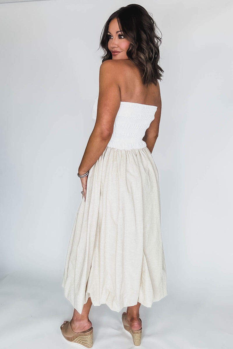 Off White Linen Strapless Smocked Bodice Balloon Skirt Midi Tube Dress
