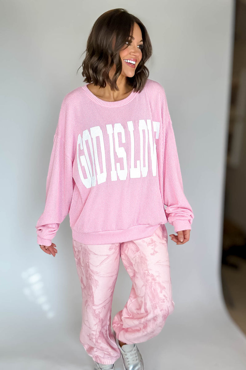 Bucketlist Pink 'God Is Love' Ribbed Oversized Lightweight Graphic Sweatshirt