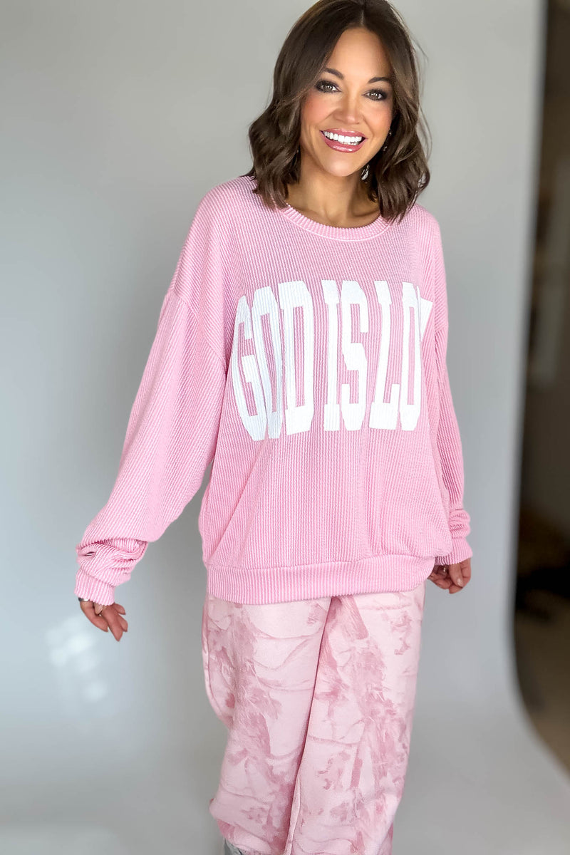 Bucketlist Pink 'God Is Love' Ribbed Oversized Lightweight Graphic Sweatshirt