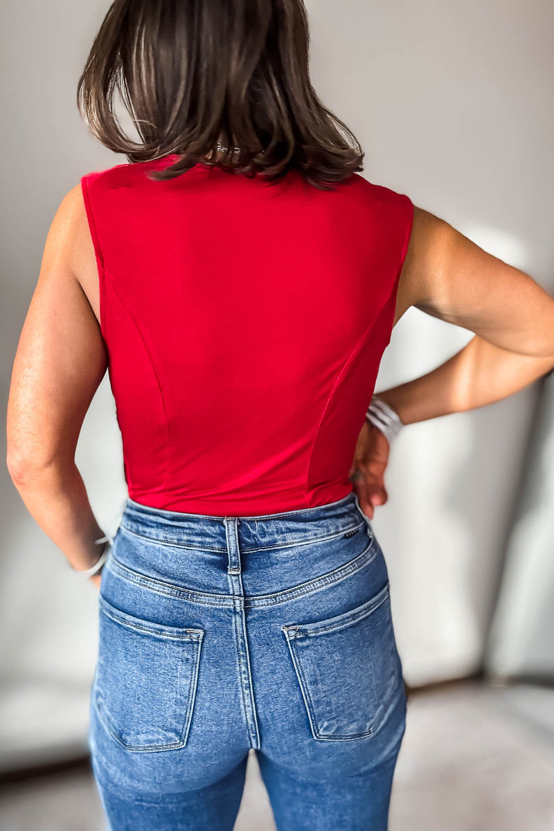 RED PLEATED SURPLICE FRONT BODYSUIT