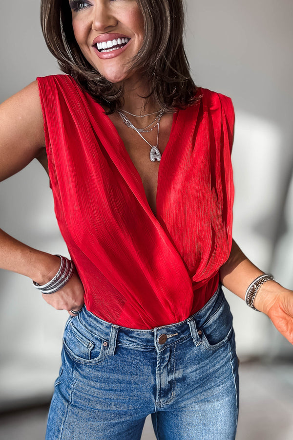 RED PLEATED SURPLICE FRONT BODYSUIT
