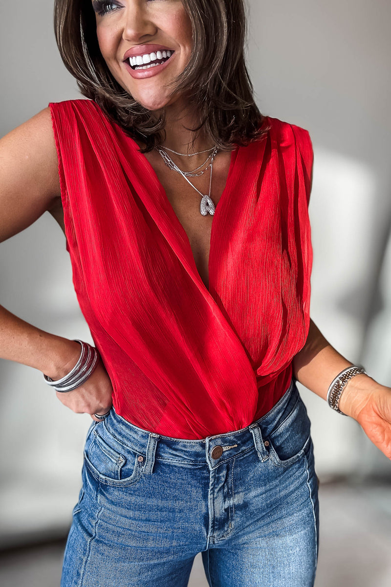 RED PLEATED SURPLICE FRONT BODYSUIT