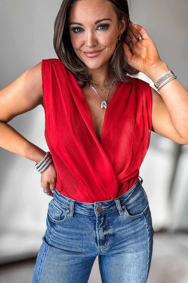 RED PLEATED SURPLICE FRONT BODYSUIT