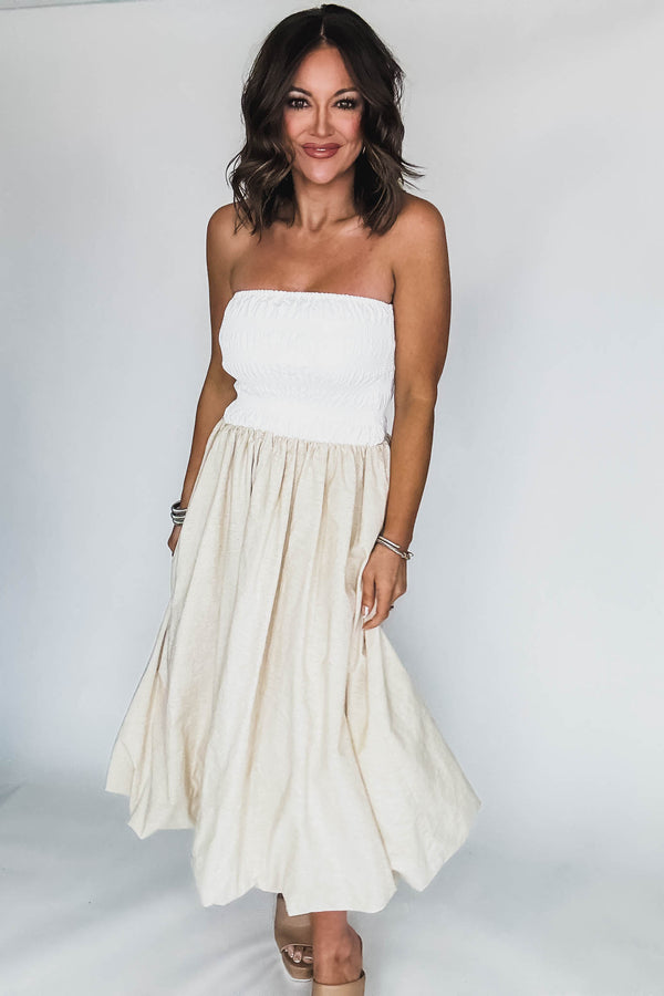 Off White Linen Strapless Smocked Bodice Balloon Skirt Midi Tube Dress