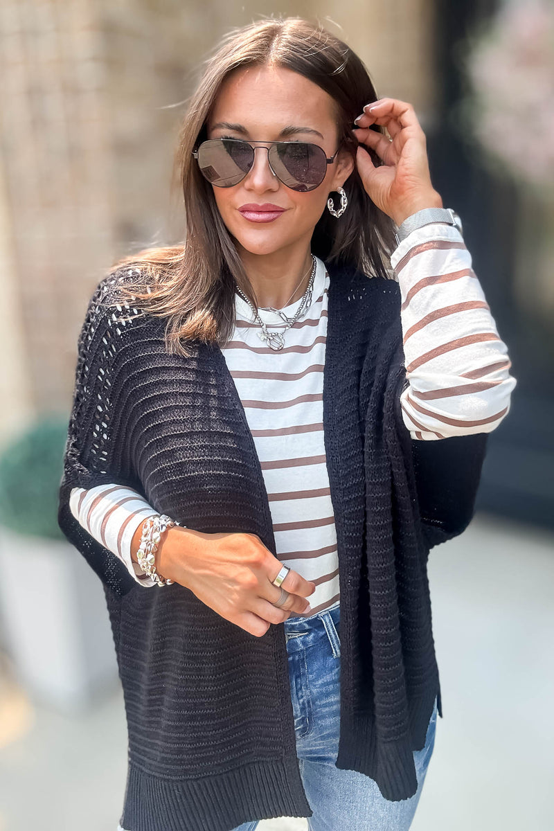 Black Pointelle Ribbed Knit Kimono Cardigan