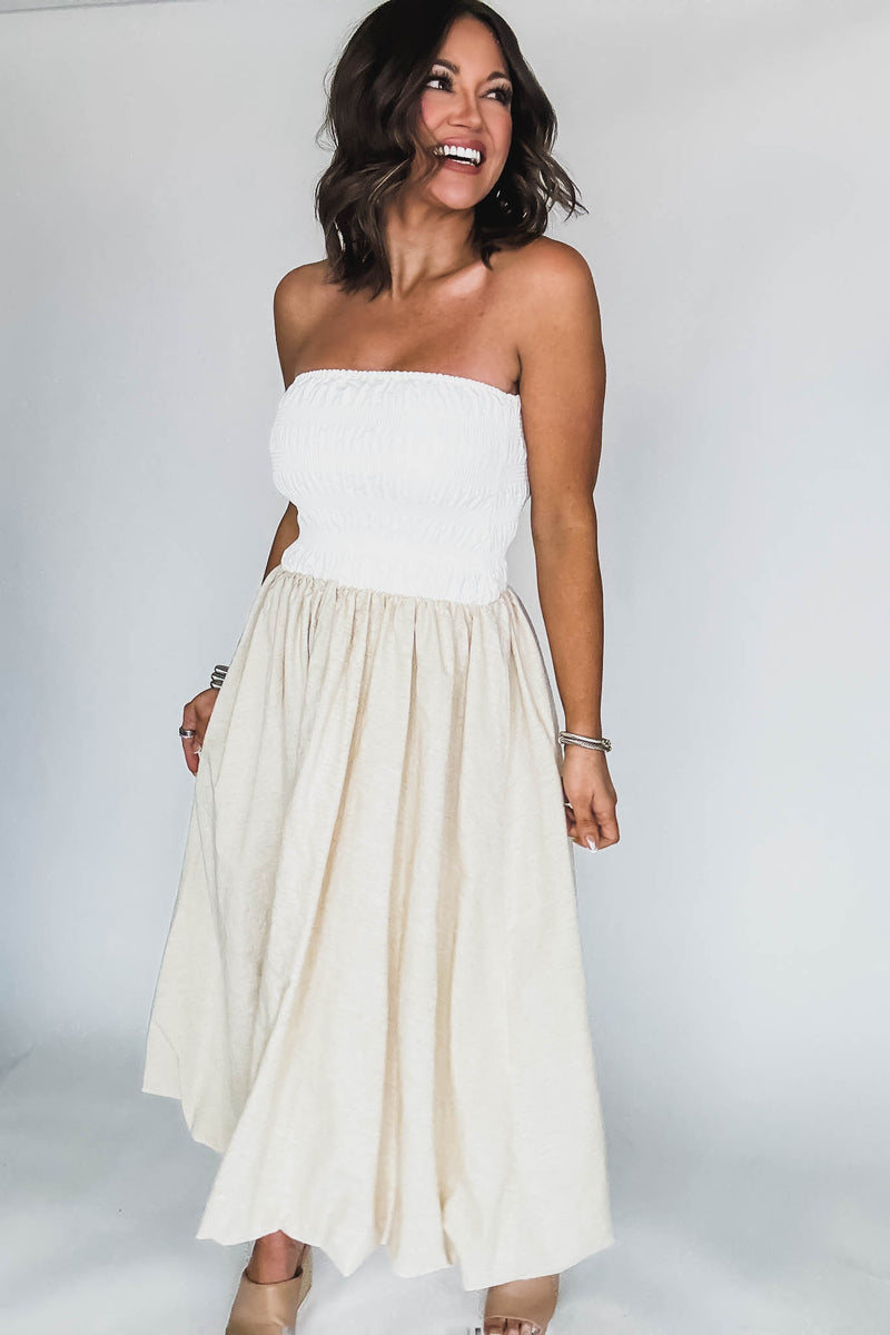 Off White Linen Strapless Smocked Bodice Balloon Skirt Midi Tube Dress