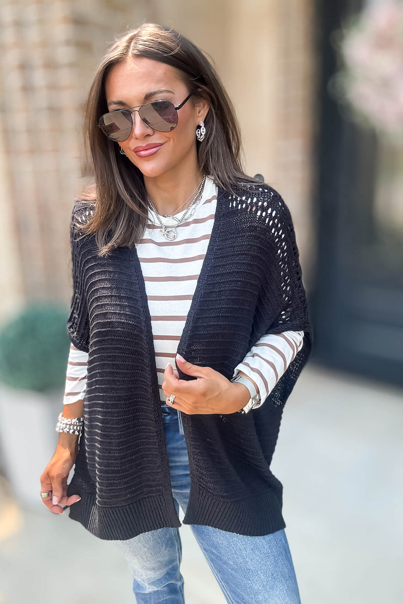 Black Pointelle Ribbed Knit Kimono Cardigan
