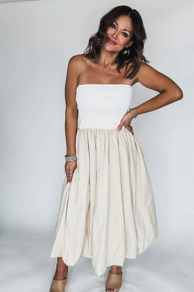 Off White Linen Strapless Smocked Bodice Balloon Skirt Midi Tube Dress