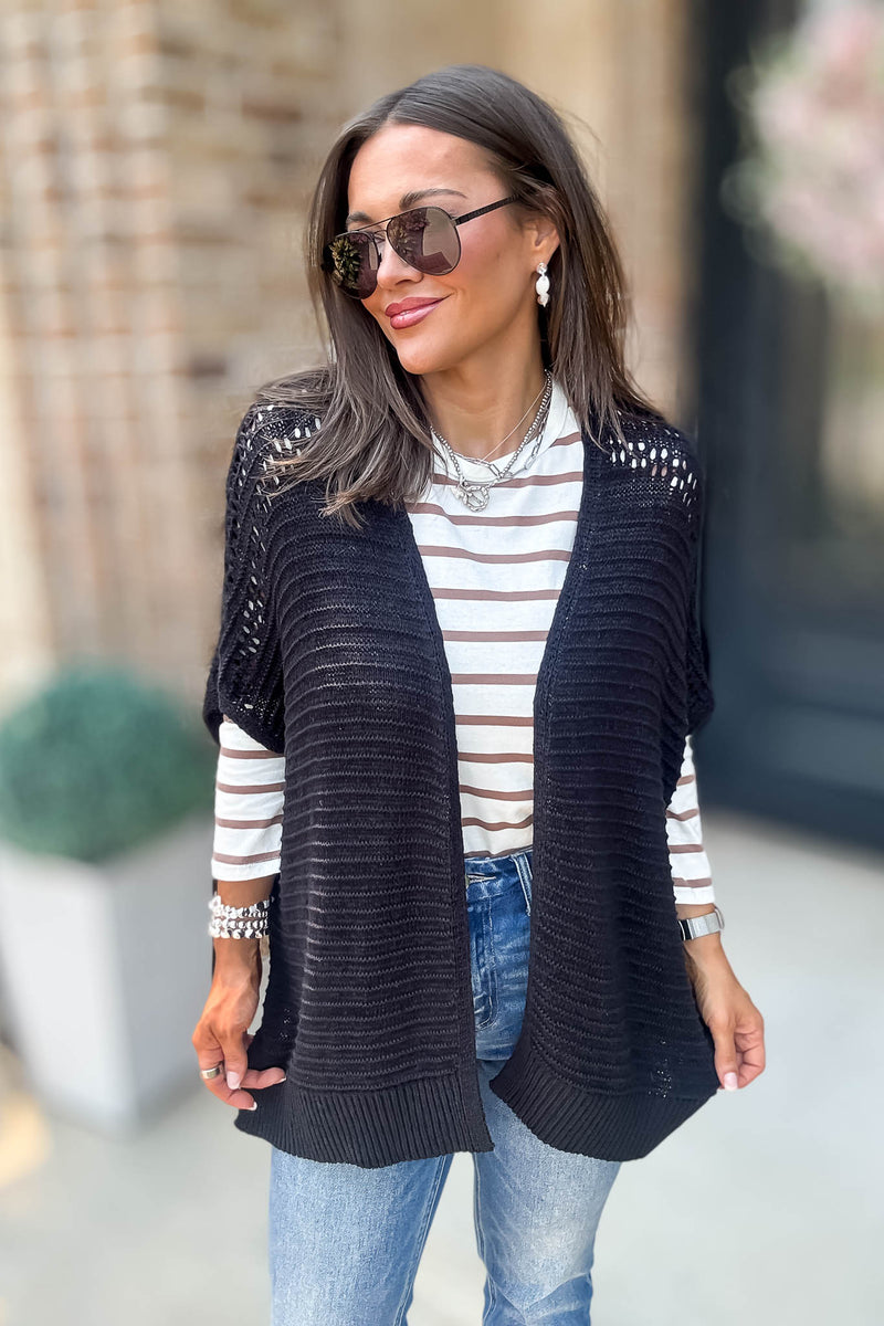 Black Pointelle Ribbed Knit Kimono Cardigan