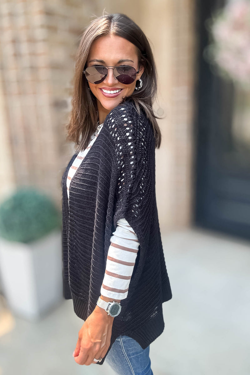 Black Pointelle Ribbed Knit Kimono Cardigan