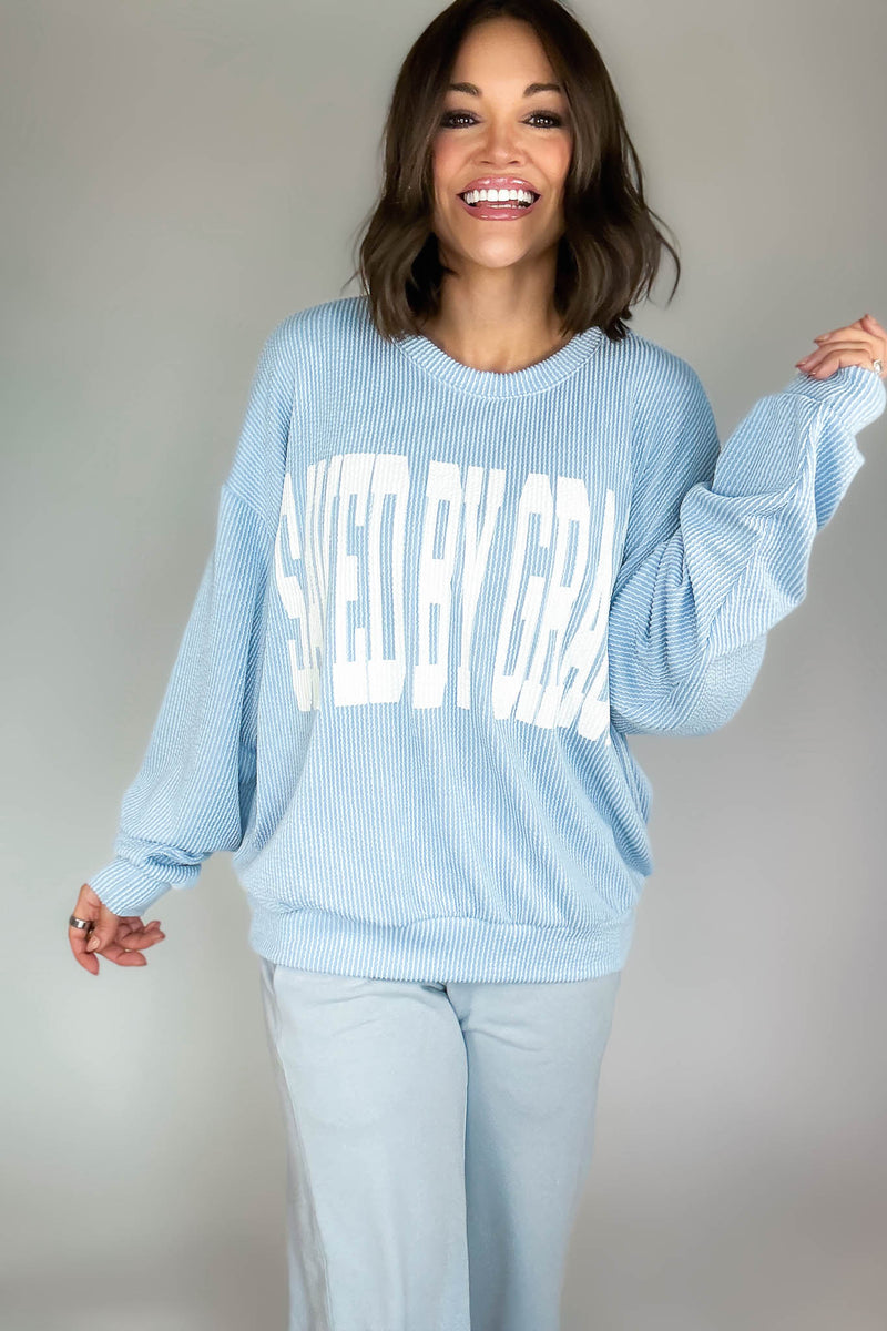 Bucketlist Blue 'Saved By Grace' Graphic Sweatshirt Top