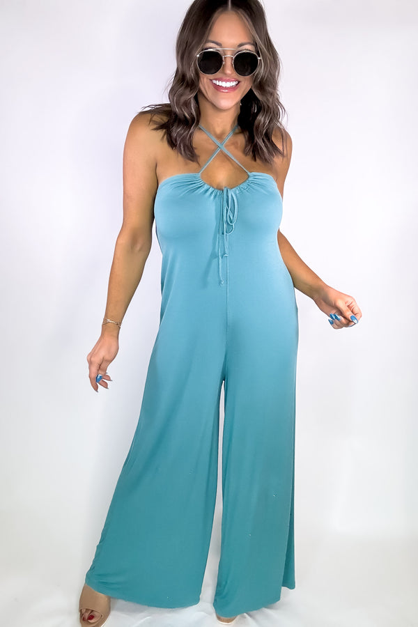 Criss Cross Grey Teal Jumpsuit