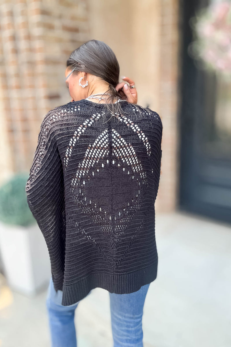 Black Pointelle Ribbed Knit Kimono Cardigan