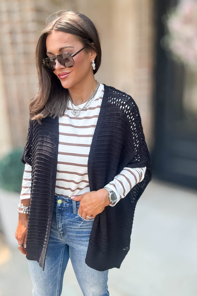 Black Pointelle Ribbed Knit Kimono Cardigan