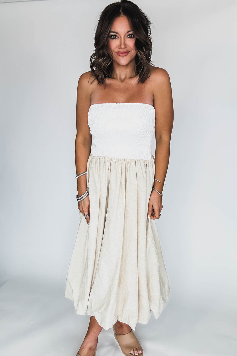 Off White Linen Strapless Smocked Bodice Balloon Skirt Midi Tube Dress