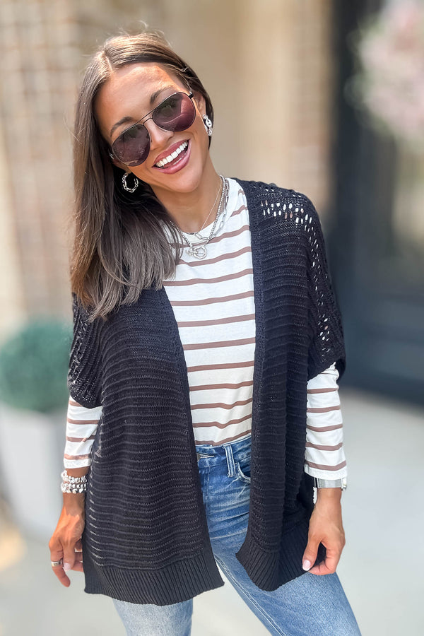 Black Pointelle Ribbed Knit Kimono Cardigan