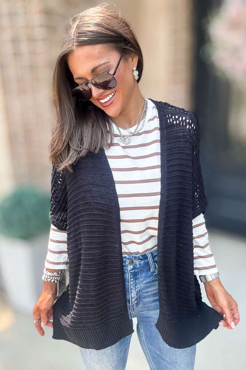 Black Pointelle Ribbed Knit Kimono Cardigan
