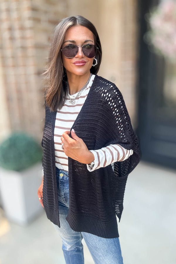 Black Pointelle Ribbed Knit Kimono Cardigan
