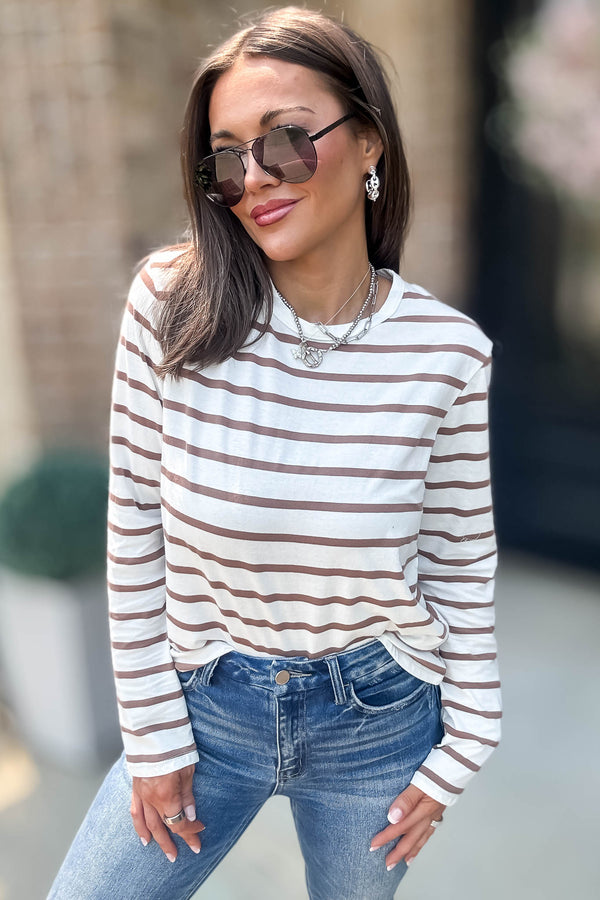 Without A Doubt Ivory And Khaki Round Neck Stripe Long Sleeve Tee