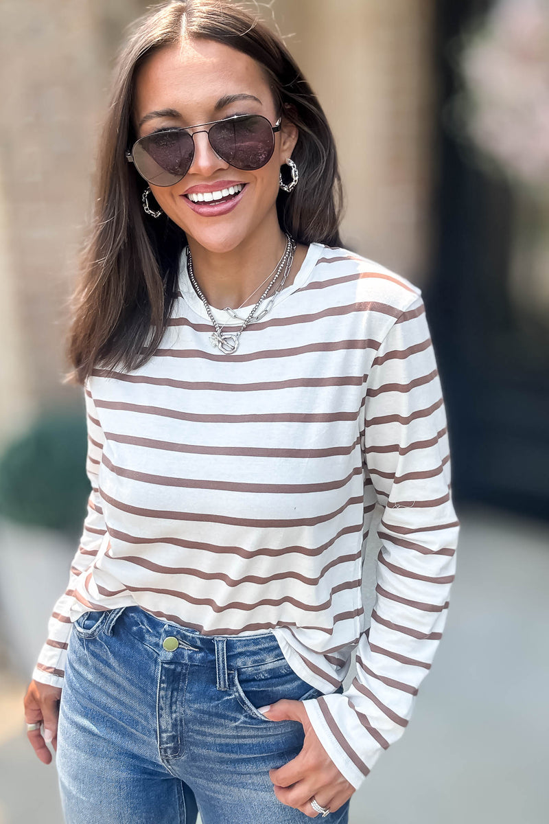 Without A Doubt Ivory And Khaki Round Neck Stripe Long Sleeve Tee