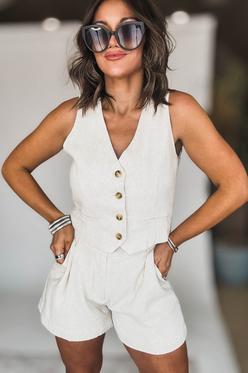 Oatmeal Linen Mix Button Down Vest And Short Set