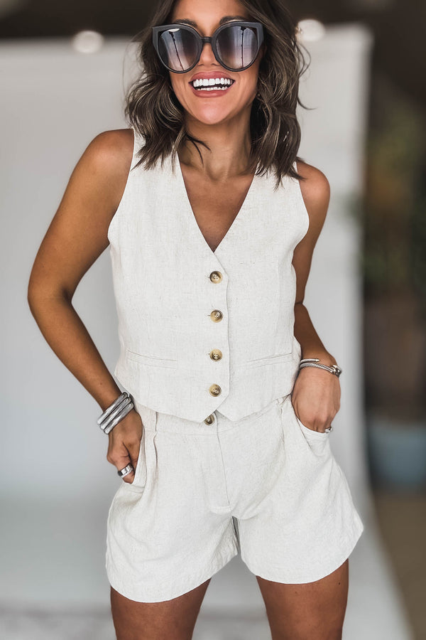 Oatmeal Linen Mix Button Down Vest And Short Set