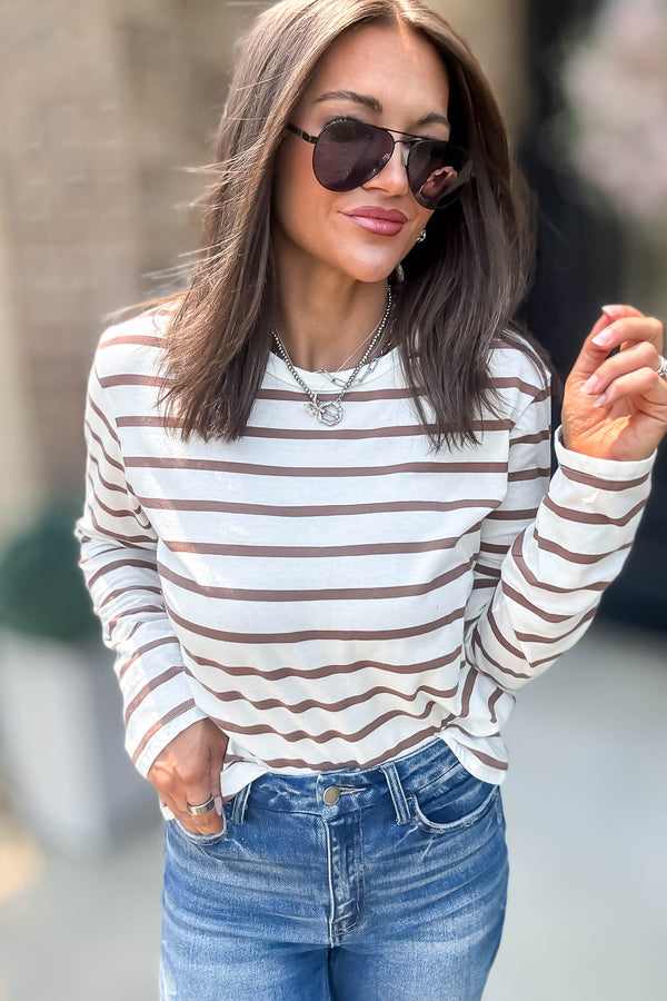 Without A Doubt Ivory And Khaki Round Neck Stripe Long Sleeve Tee