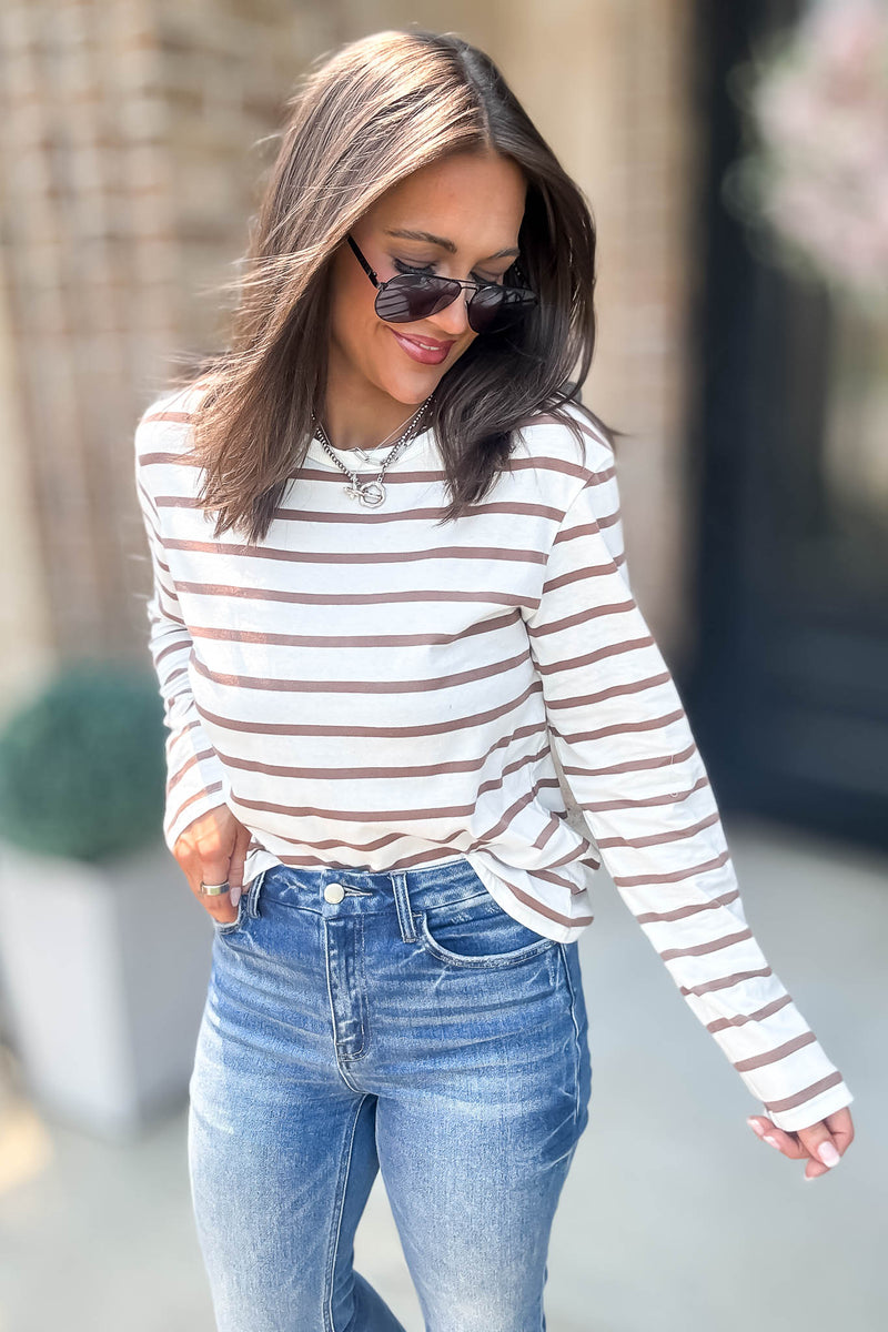 Without A Doubt Ivory And Khaki Round Neck Stripe Long Sleeve Tee