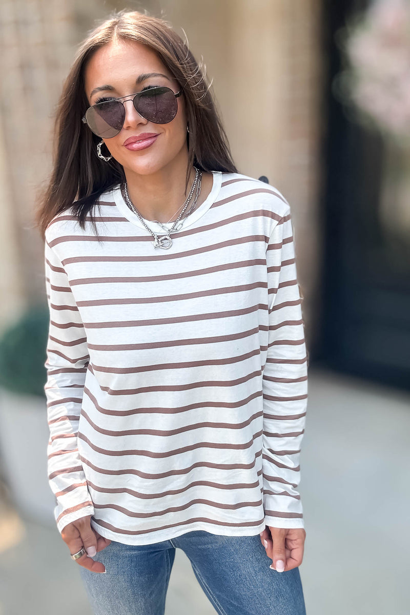Without A Doubt Ivory And Khaki Round Neck Stripe Long Sleeve Tee