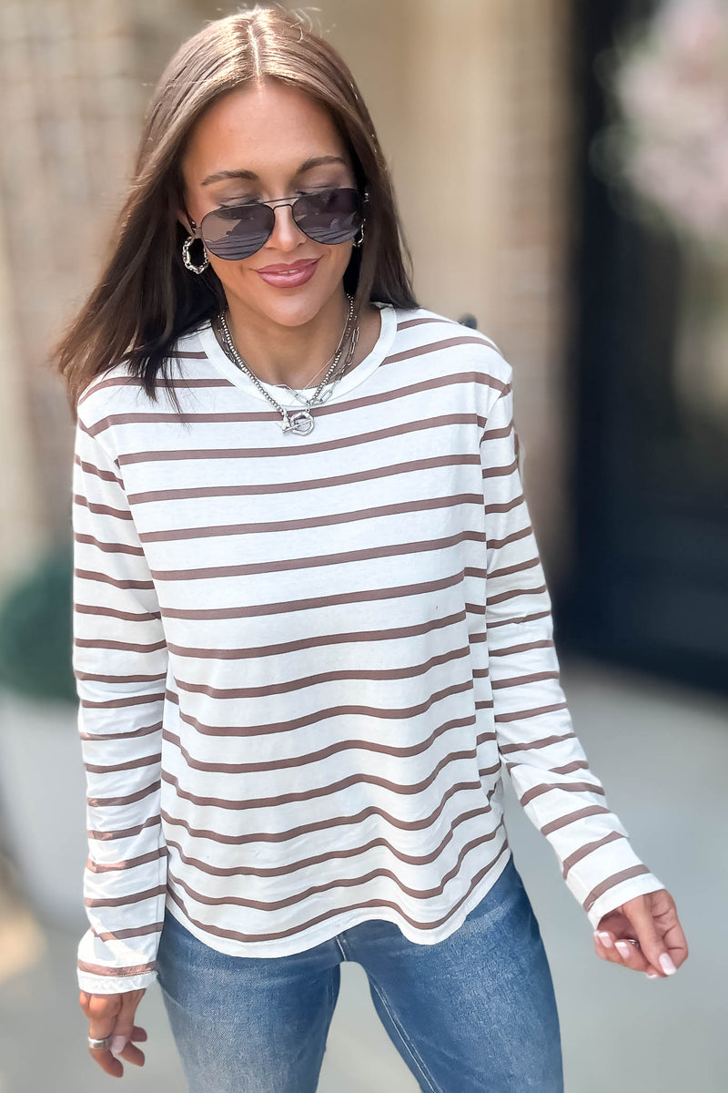 Without A Doubt Ivory And Khaki Round Neck Stripe Long Sleeve Tee