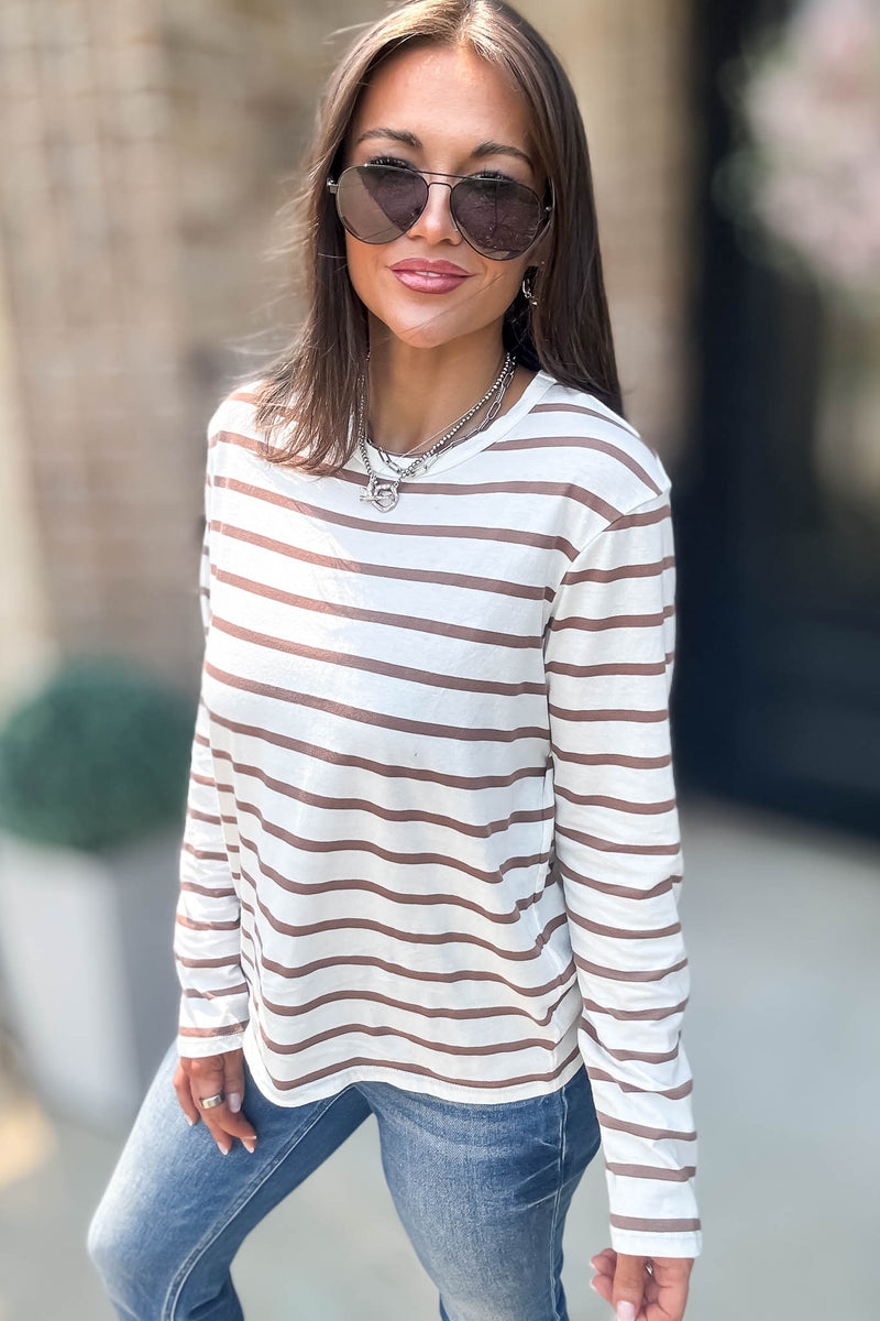Without A Doubt Ivory And Khaki Round Neck Stripe Long Sleeve Tee