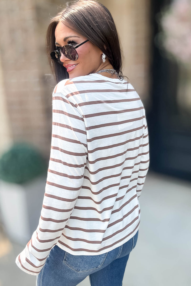 Without A Doubt Ivory And Khaki Round Neck Stripe Long Sleeve Tee