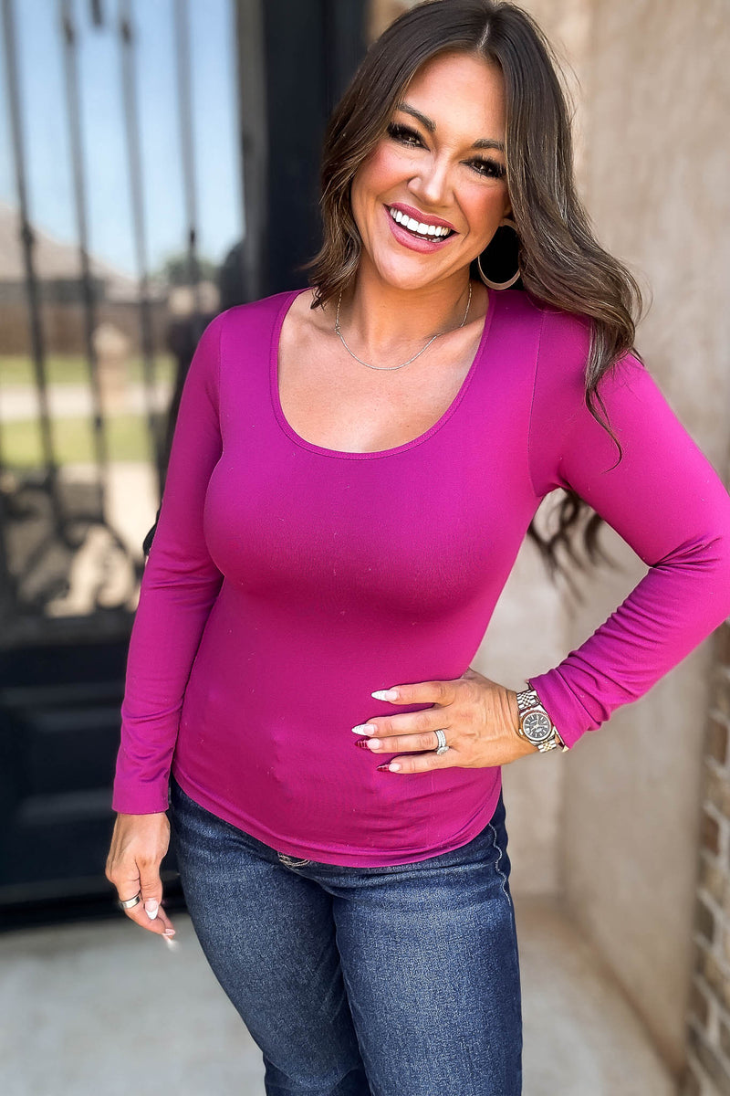 Fleece Lined Cerise Seamless Round Neck Long Sleeve Top