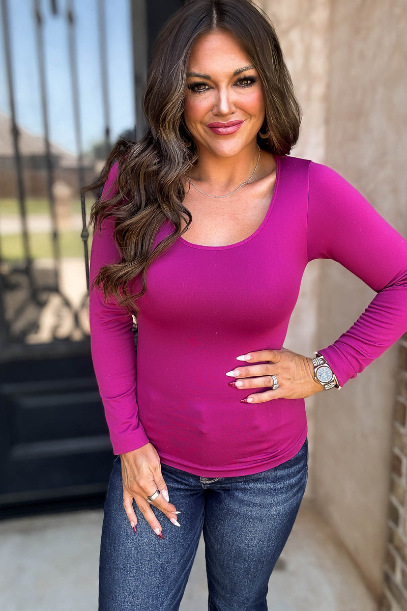Fleece Lined Cerise Seamless Round Neck Long Sleeve Top