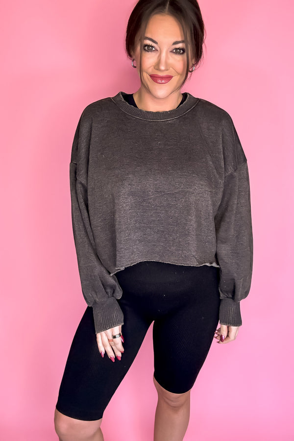 Dream It Ash Black Acid Wash Fleece Cropped Pullover Top