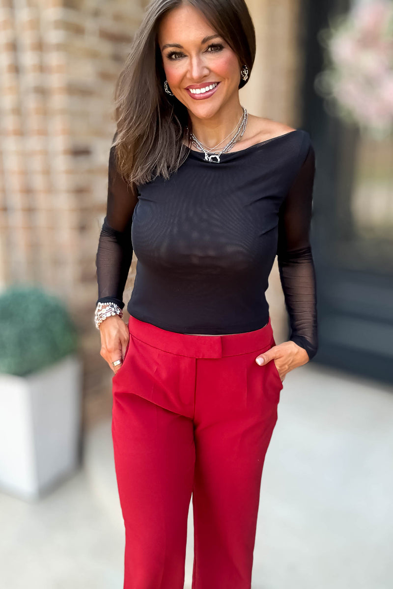 Long Sleeve Black Boat Neck Double Layer Mesh Top