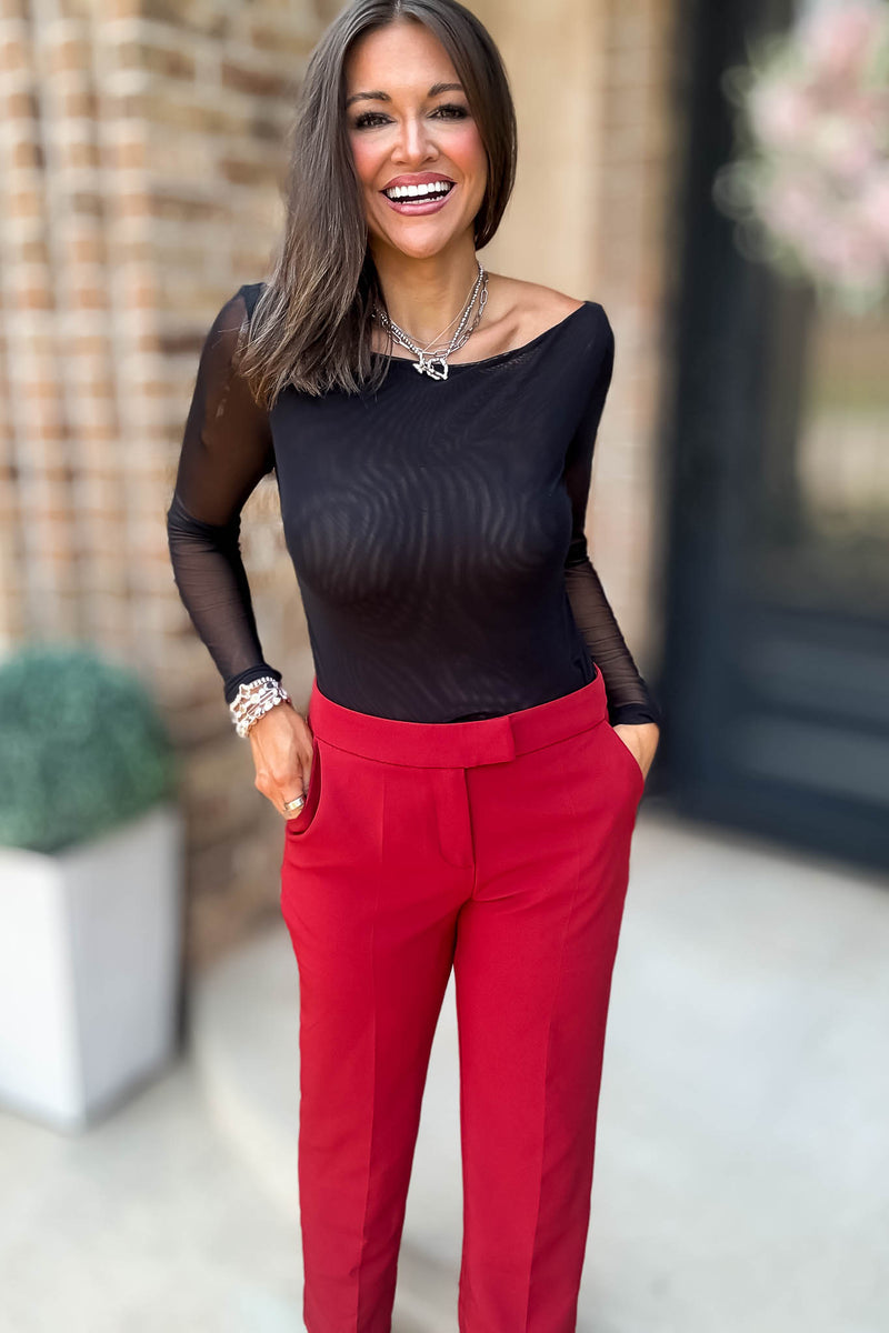 Long Sleeve Black Boat Neck Double Layer Mesh Top
