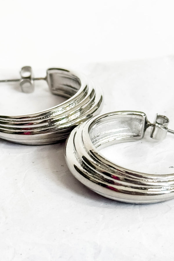 Ribbed Silver Hoop Earrings