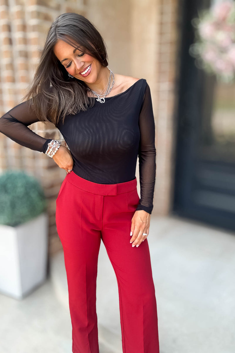 Long Sleeve Black Boat Neck Double Layer Mesh Top