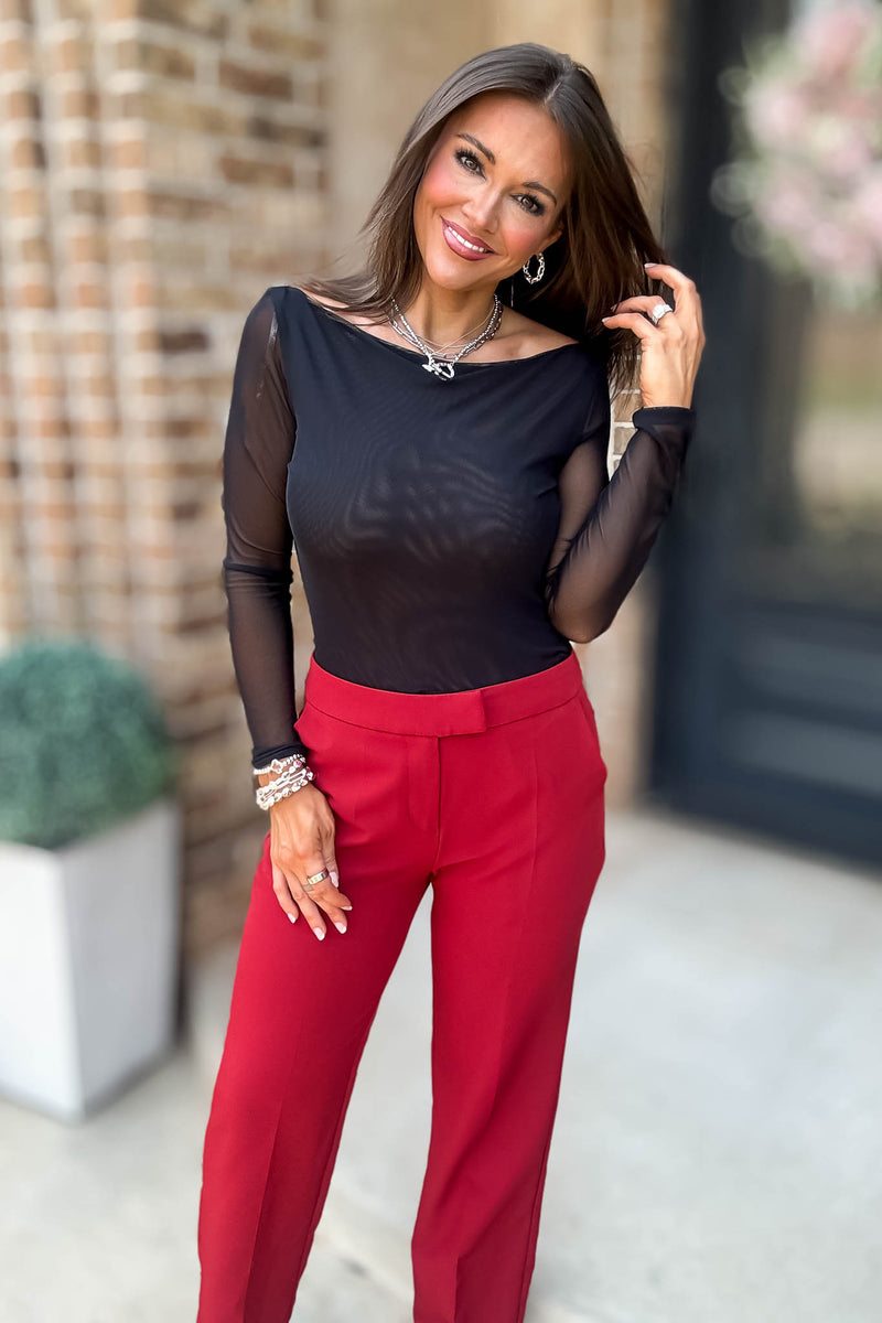 Long Sleeve Black Boat Neck Double Layer Mesh Top