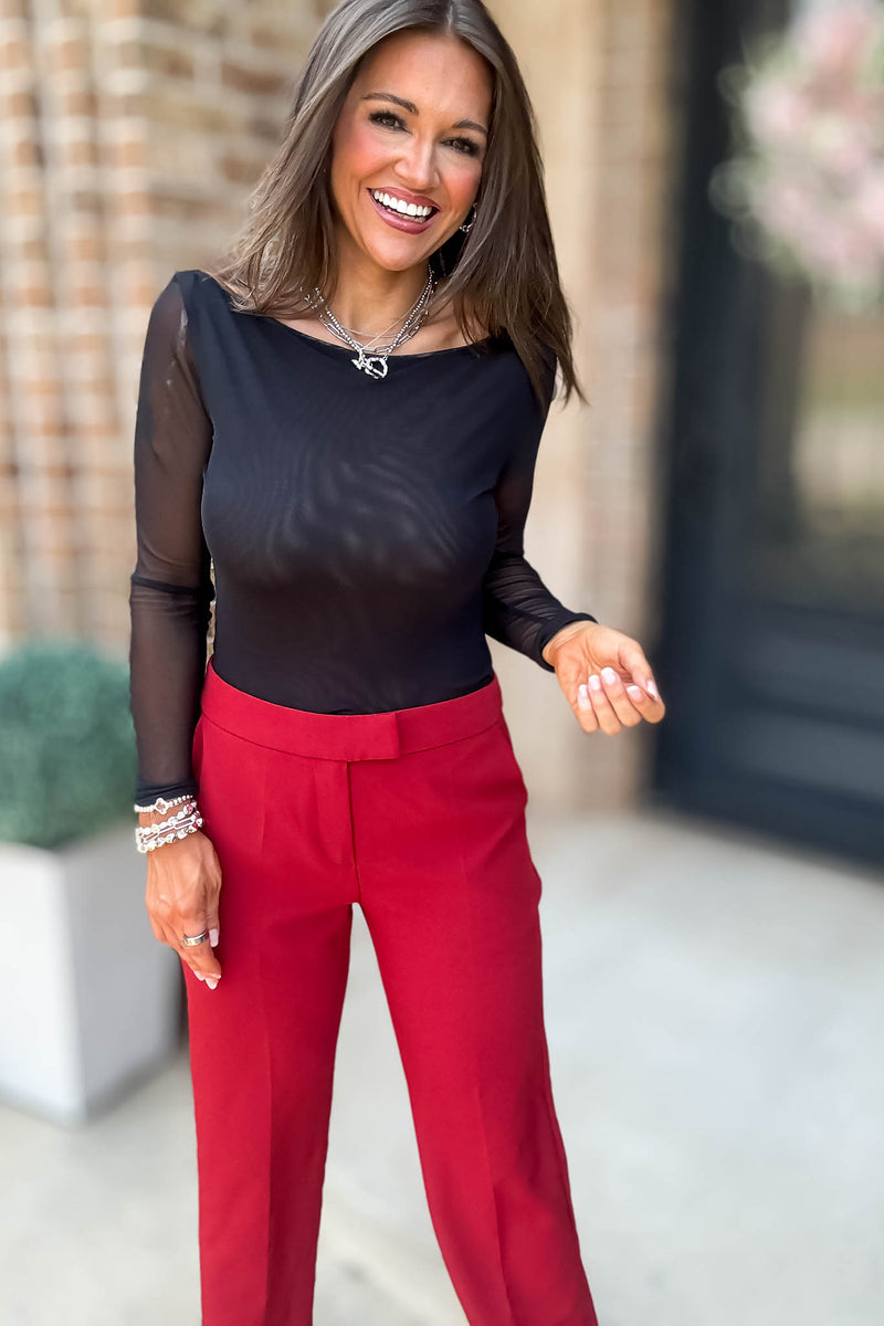 Long Sleeve Black Boat Neck Double Layer Mesh Top
