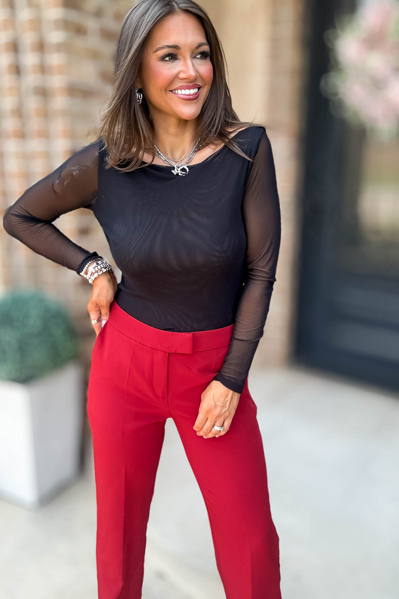 Long Sleeve Black Boat Neck Double Layer Mesh Top
