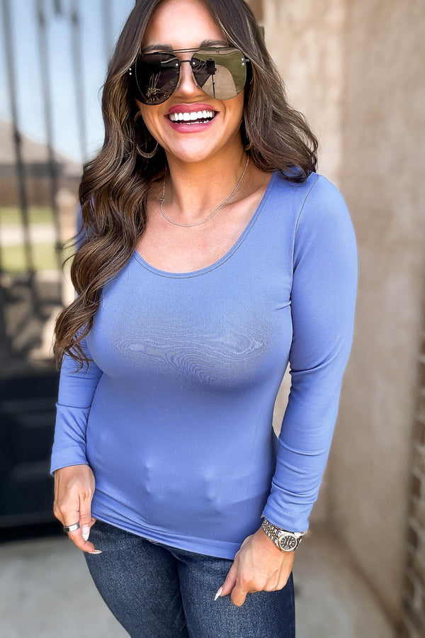 Fleece Lined Blue Seamless Round Neck Long Sleeve Top