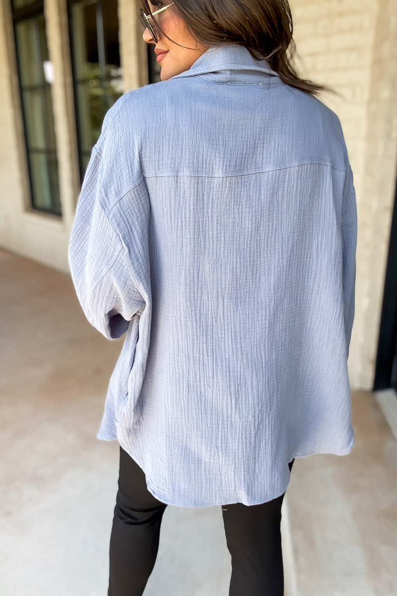 Grab The Chance Blue Button Up Top