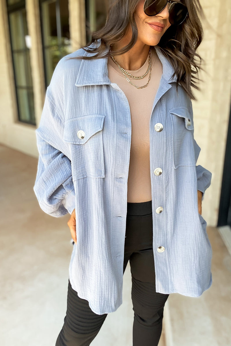 Grab The Chance Blue Button Up Top