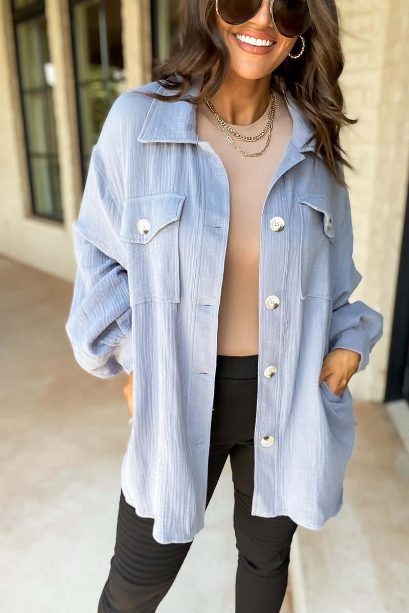 Grab The Chance Blue Button Up Top